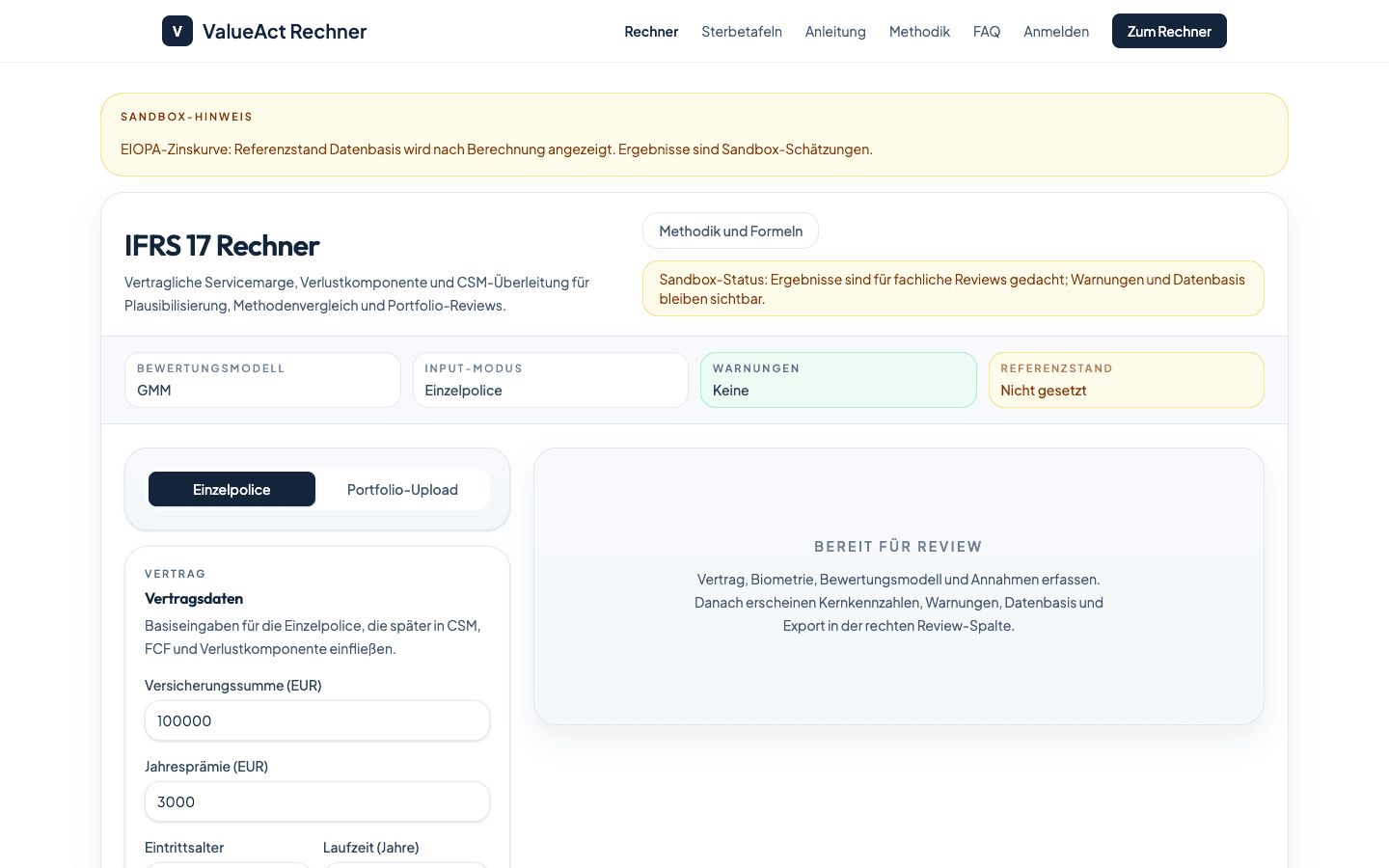 ValueAct IFRS 17 calculator with contract inputs, model status, warnings, and review output area